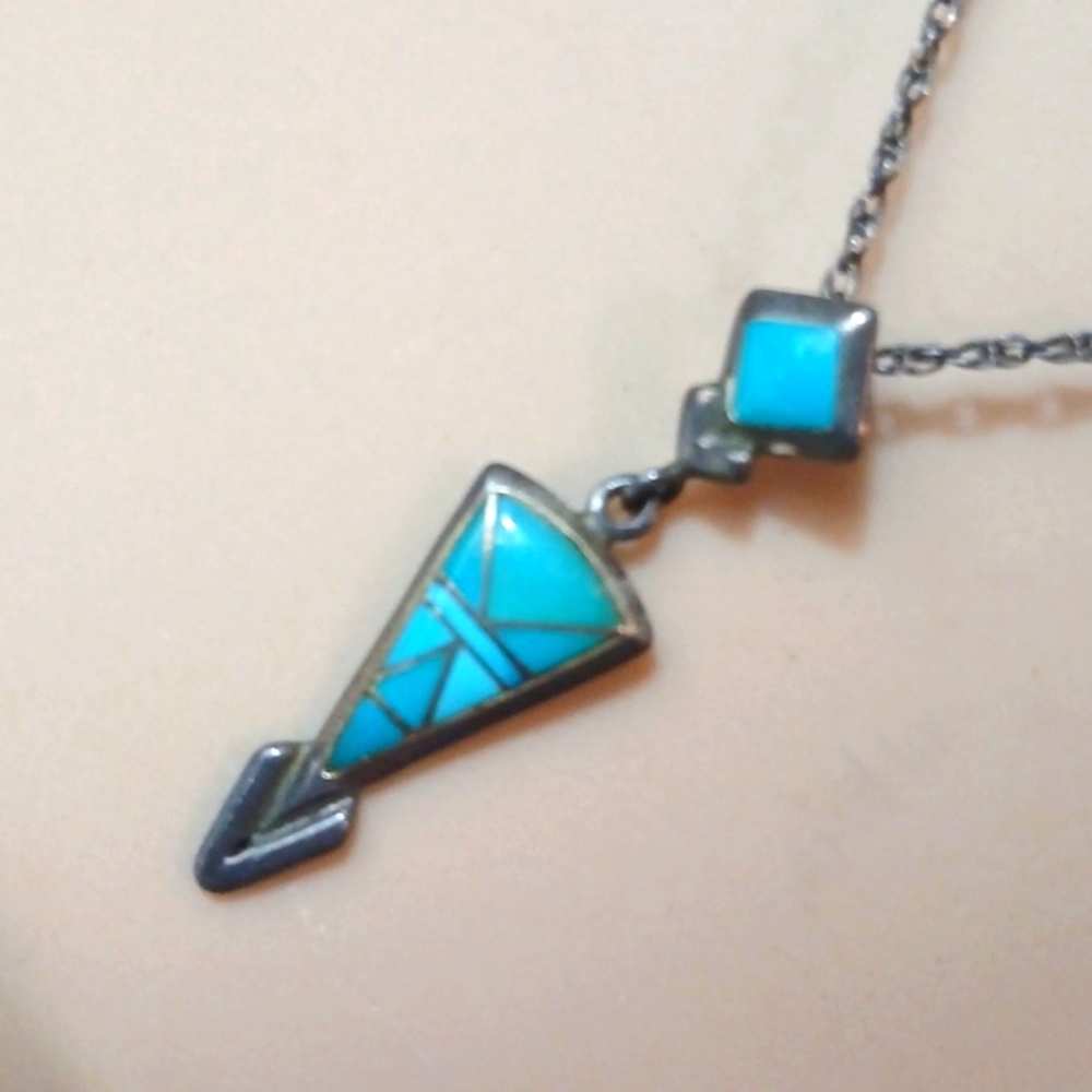 Rare Turquoise Inlay Sterling Pendant Vintage Signed JP